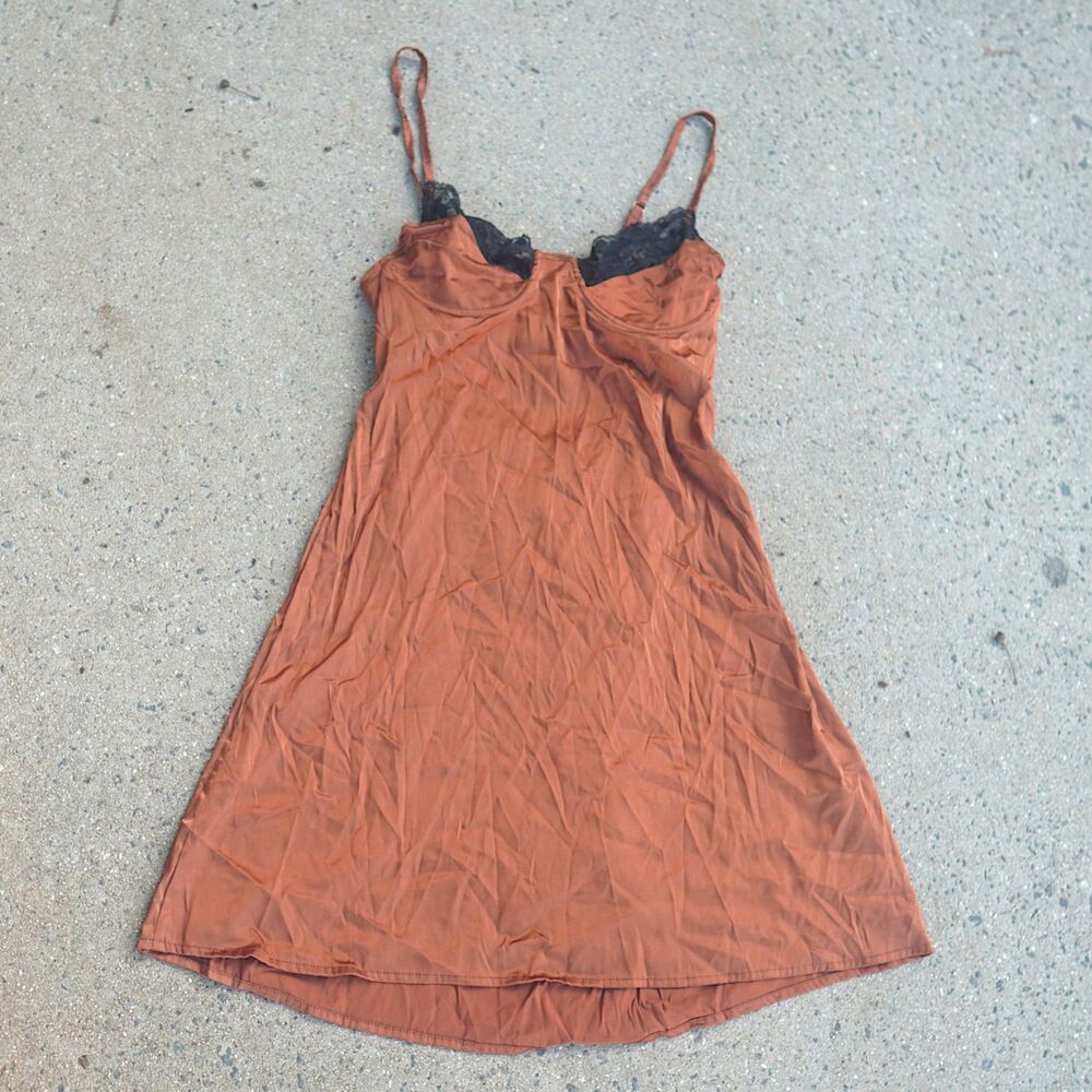 Cotton Lace Slip Dress M Terracotta Open Back Cutout Mini Cami Lingerie Dress